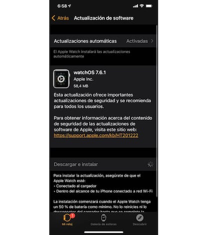 Notificación de actualización del Apple Watch.