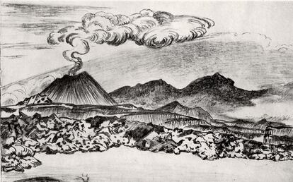 'Las lavas sepultan el pueblo de San Juan'. Croquis a lápiz del pintor Gerardo Murillo, 'Dr. Atl', de 1950.