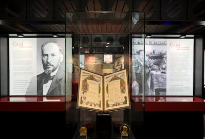 El diploma y la medalla de oro del Nobel de Medicina de Cajal, junto a la medalla Helmholtz, otorgada en 1905 al científico español, en la exposición de Madrid.