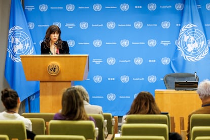 La ministra de Igualdad, Ana Redondo, este jueves en una conferencia de prensa en la sede de la ONU.