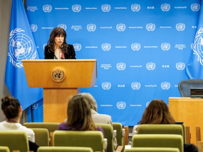 La ministra de Igualdad, Ana Redondo, este jueves en una conferencia de prensa en la sede de la ONU.