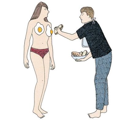 En las metafóricas ilustraciones de Marion Fayolle los pechos de una mujer se convierten en huevos fritos donde un hombre moja pan.