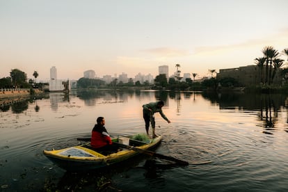 Arafa Saber sale a pescar en el río Nilo junto a su hermano Mohamed, este 30 de noviembre. Buscan peces, pero también plásticos.