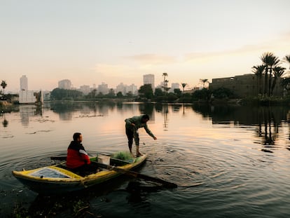 Arafa Saber sale a pescar en el río Nilo junto a su hermano Mohamed, este 30 de noviembre. Buscan peces, pero también plásticos.