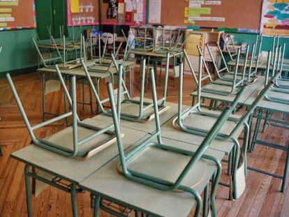 A deserted classroom at the Rufino Blanco public school in Madrid.