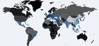 Mapa de Malware Tech con los sitios en los que se ha detectado el virus informático.