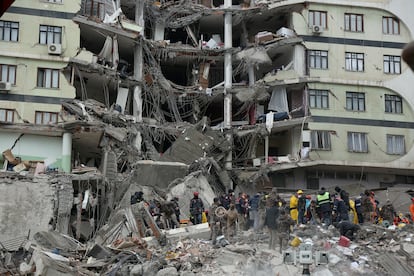 Rescue workers search for survivors under the rubble following an earthquake in Diyarbakir, Turkey.