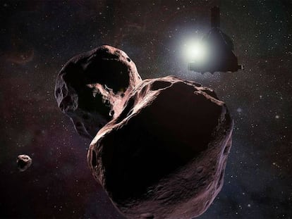 Recreación artística del vuelo de la sonda 'New Horizons' sobre Arrokoth.