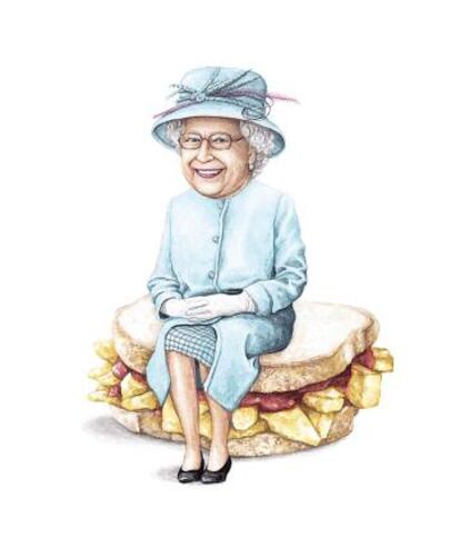 La reina de Inglaterra sentada en un 'chip butty' (emparedado de patatas fritas).