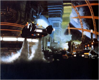 Fotograma de la película <i>Blade runner</i> , donde aparecen los 'spinner' o coches voladores