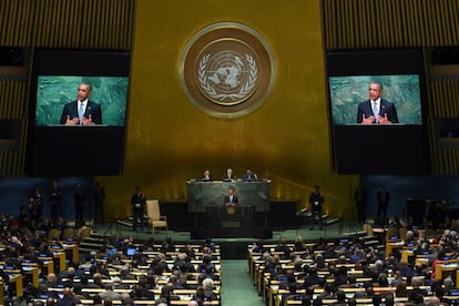 El president dels EUA, Barack Obama, intervé davant el plenari de l'Assemblea General de les Nacions Unides, a Nova York (EUA), el 28 de setembre de 2015.