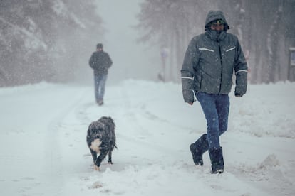 Un hombre camina junto a un perro por la nieve el lunes, en la estación de Montaña de Manzaneda (Ourense). 