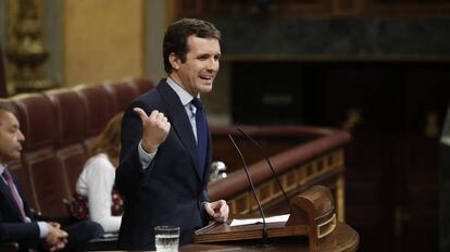 El líder del PP, Pablo Casado, en el Congreso, el pasado 27 de febrero. 