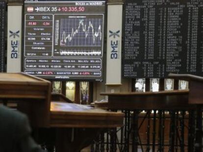 Vista del panel de la Bolsa de Madrid que refleja la evoluci&oacute;n hoy del principal indicador de la bolsa espa&ntilde;ola.