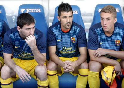 Messi, junto a Villa y Deulofeu, esta temporada, durante el partido ante el Getafe