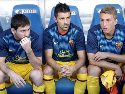 Messi, junto a Villa y Deulofeu, esta temporada, durante el partido ante el Getafe