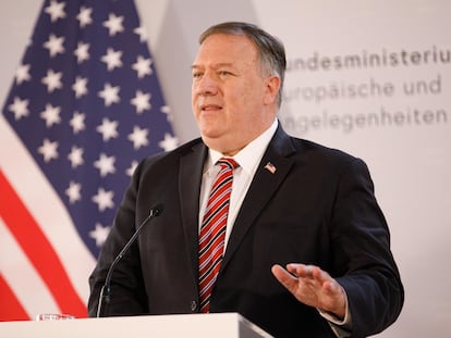 O secretário de Estado dos EUA, Mike Pompeo, numa entrevista coletiva recente.