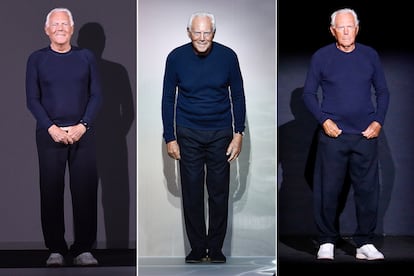 Giorgio Armani. En los grandes eventos, el diseñador italiano encarna la elegancia con traje negro y camisa blanca. Pero cuando se trata de saludar tras los desfiles, sus mejores compañeros son los jerséis y pantalones azul marino. En la imagen, ejemplos de 2015, 2018 y 2017, respectivamente.