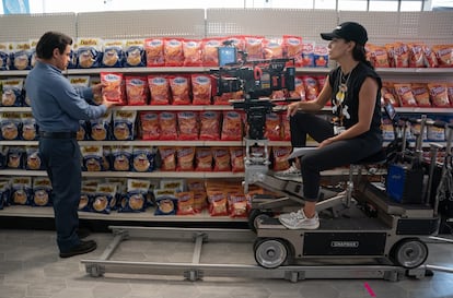 Jesse Garcia and Eva Longoria, filming 'Flamin' Hot.'