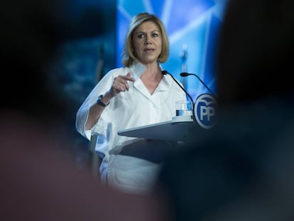 María Dolores de Cospedal, durante la inauguración de la convención nacional del PP, en abril de 2018 en Sevilla.