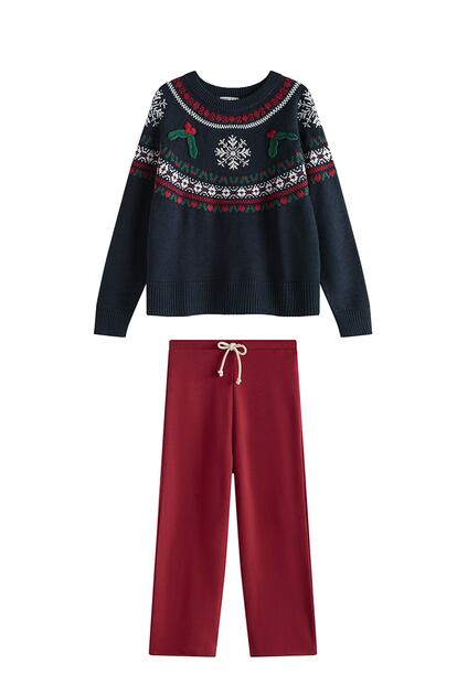 Jersey bordado navideño (29,99 €) y pantalón culotte algodón (25,99 €). Todo, de OYSHO.
