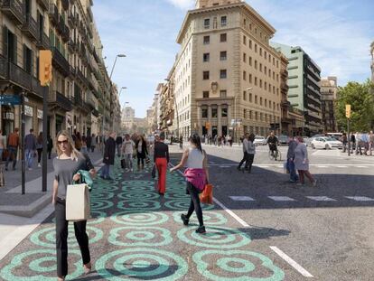 Imatge virtual de la reforma amb urbanisme tàctic al carfrer de Pelai per eixamplar les voreres.