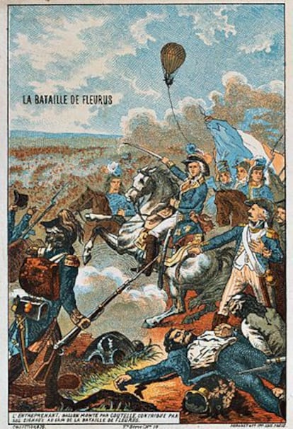 Ilustración de la batalla de Fleurus, en 1794, con el globo L'Entrepenant al fondo.
