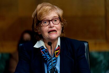 Deborah Lipstadt speaks during a Senate Foreign Relations hearing in Washington on February 8.