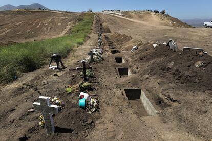 Un trabajador del cementerio municipal de Tijuana prepara tumbas para los fallecidos por coronavirus, en Tijuana (México).