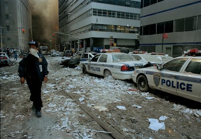 The streets of downtown New York are covered in debris after both World Trade Towers collapsed.