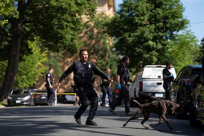 Policías emplearon unidades caninas K9 para asegurar el perímetro del crimen.