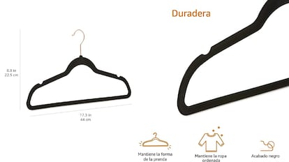 Estas perchas forradas de terciopelo ayudan a mantener la ropa en su sitio. AMAZON BASICS.