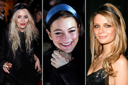 En los primeros dosmiles, en esos en los que las clientas de la estilista Rachel Zoe hacían viral el término 'boho chic', las diademas vivieron otro lapsus de esplendor.

En la foto, desde la izda., Mary-Kate Olsen (2007), Lindsay Lohan (2006) y Mischa Barton (2006).

 