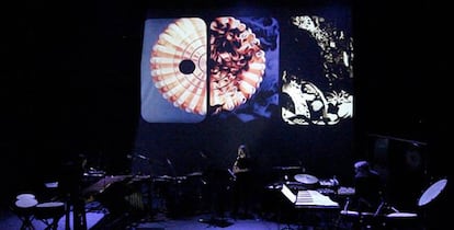 El grupo Neopercusión en un momento de la pieza musical 'Le scorpion', el viernes en El Matadero.