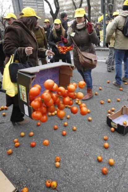 Agricultores españoles se manifiestan ante la sede de la Comisión Europea en Madrid.