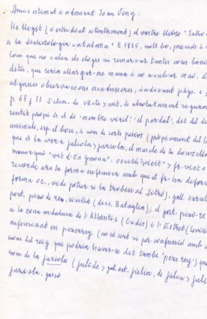 Escrit de Josep Giner al filòleg Joan Veny.