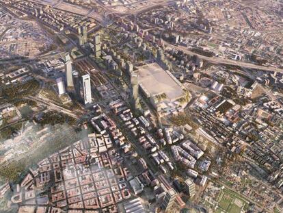 Recreaci&oacute;n de c&oacute;mo quedar&aacute; el norte de Madrid cuando est&eacute; finalizado el proyecto, con la nueva estaci&oacute;n de Chamart&iacute;n junto a las torres. 