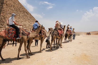 Turistas peseando en camellos junto a las pirámides de Giza (Egipto).