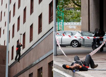 A la izquierda, el trabajador se descuelga desde una ventana. A la derecha, tras caer al suelo por un fallo del mecanismo exhibido.