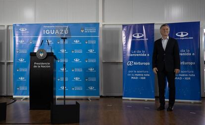 El presidente argentino, Mauricio Macri, en la inauguración del vuelo de Air Europa a Iguazú.