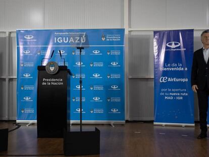 El presidente argentino, Mauricio Macri, en la inauguración del vuelo de Air Europa a Iguazú.