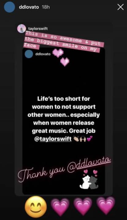 Una captura de los mensajes entre Demi Lovato y Taylor Swift en Instagram.