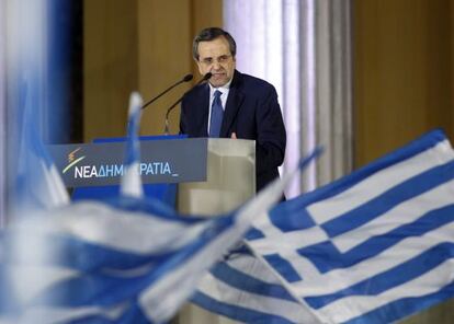El líder de Nueva Democracia, Antonis Samarás, interviene durante un acto electoral en Atenas.