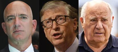 Tres de los hombres más ricos del mundo: (de izquierda a derecha); Jeff Bezos (Amazon). Bill Gates (Microsoft), y Amancio Ortega (Inditex).