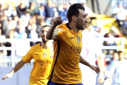 El delantero del FC Barcelona Munir El Haddadi celebra el primer gol que ha marcado frente al Málaga.