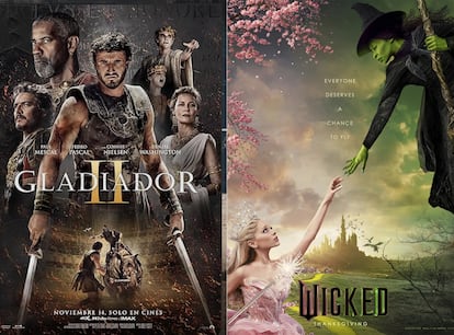 Carteles de las películas 'Gladiator II' y 'Wicked'.