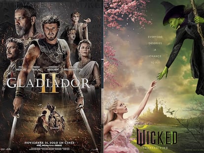 Carteles de las películas 'Gladiator II' y 'Wicked'.