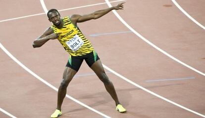 Bolt, tras ganar el oro en Pekín.