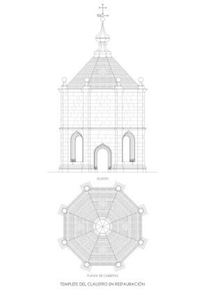 Alzado y planta del templete del claustro en restauración.