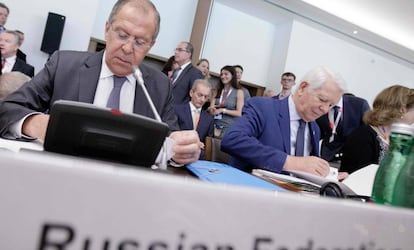 Sergei Lavrov durante la reuni&oacute;n informal de la OSCE de los ministros de Exteriores este martes en Mauerbach, Austria.
 